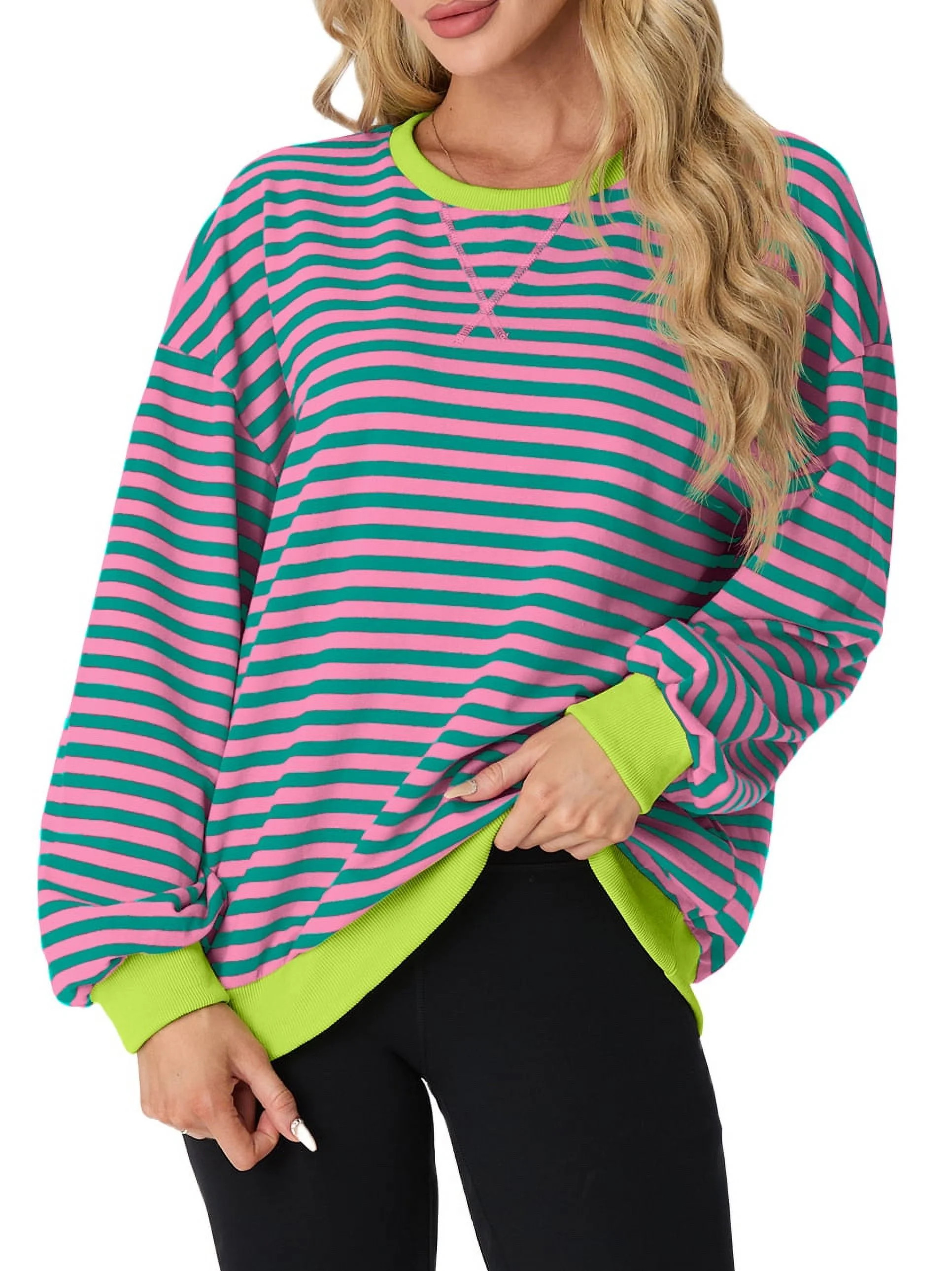 Cueply Womens Oversized Striped Sweatshirts Long Sleeve Crew Neck Casual Loose Pullover Shirts Bl... | Walmart (US)