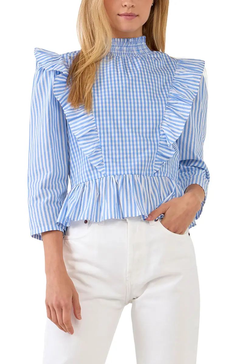 English Factory Gingham Check & Stripe Mixed Mock Neck Top | Nordstrom | Nordstrom