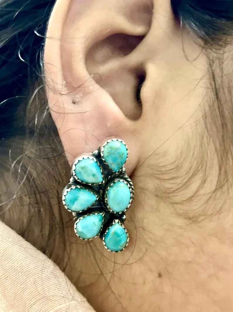 Genuine Turquoise Studs - 925 Sterling Silver Studs - Half Cluster Studs - Pear and Oval Shaped T... | Etsy (Global)