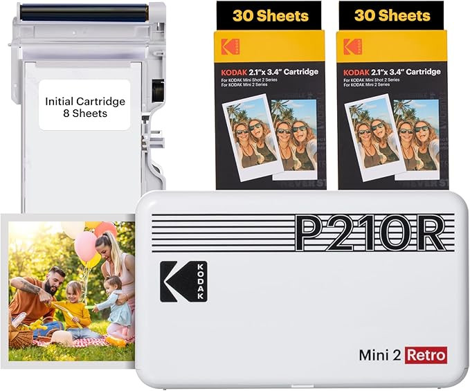 KODAK Mini 2 Retro 4PASS Portable Photo Printer, 2.1x3.4 inches, 68 Sheets Bundle, White | Amazon (US)