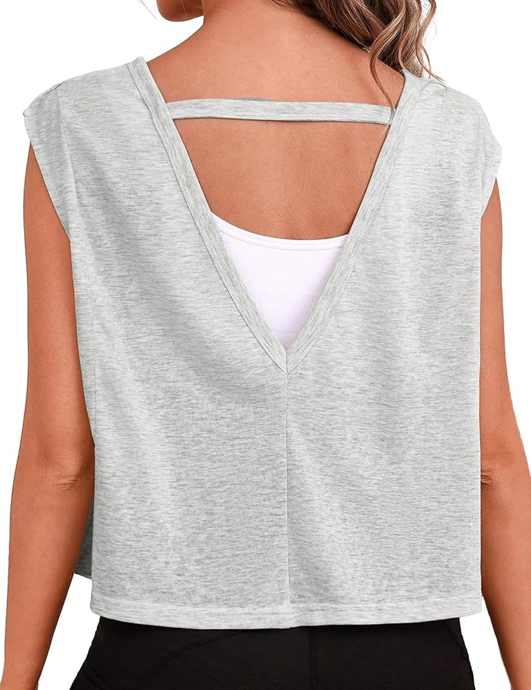 Quenteen Women Cropped Open Back Sleeveless Tank Tops Casual Yoga Y2k Athletic Gym Loose Fit Shir... | Amazon (US)