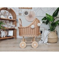 Wiklibox Wicker & Beech Wood High Doll's Pram in Natural Color + Pompoms. Unpainted | Etsy (US)