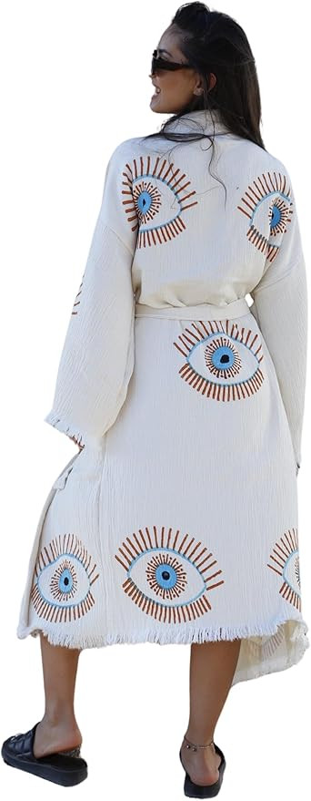 Fringes Muslin Kimono, Evil Eye Cotton Robe, Cotton Kaftan | Amazon (US)