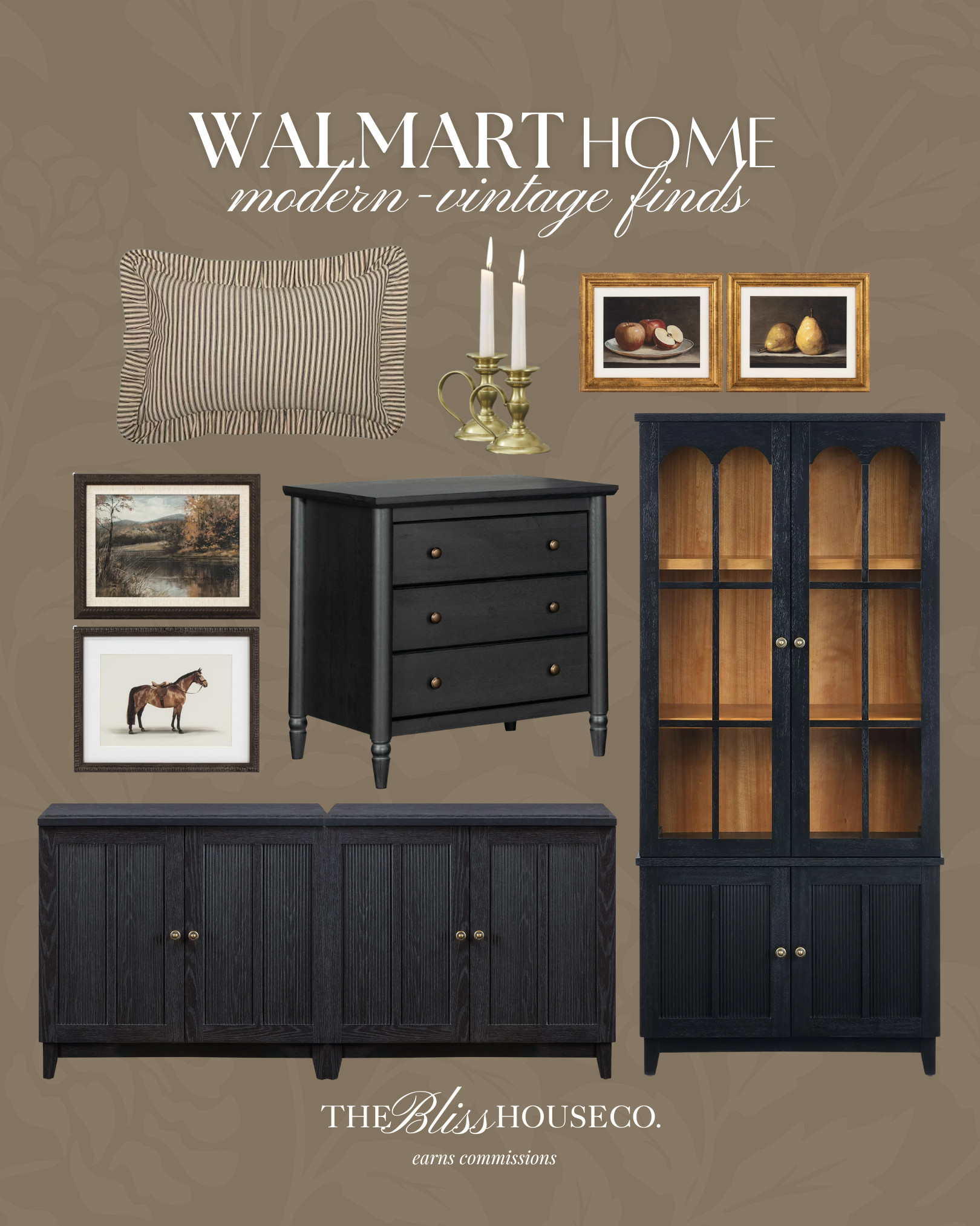 New Walmart home modern-vintage finds. My Texas House black furniture, viral monroe dresser, wall art, candles, vintage-inspired, stripe pillow, cabinet, affordable furniture, look for less, home finds. 

 #LTKCyberWeek #LTKHome