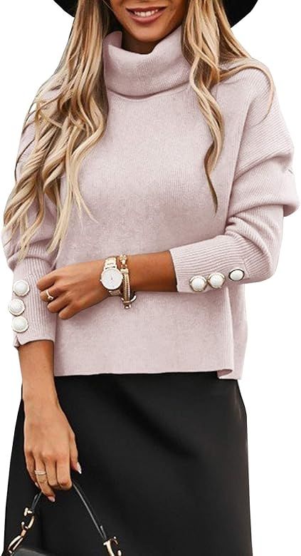 Ofenbuy Womens Turtleneck Long Sleeve Chunky Knit Sweaters Pullover Button Loose Fit Outerwear | Amazon (US)