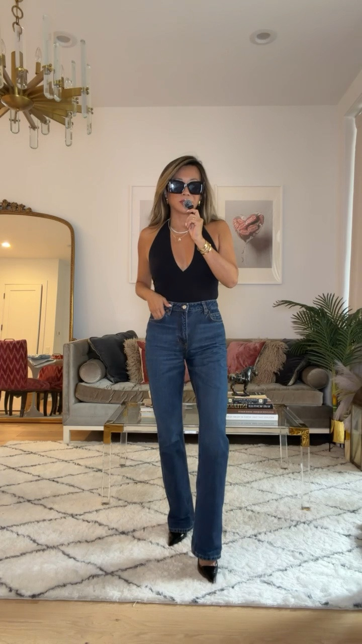 Ballet Deep Plunge Halter Bodysuit, great bodysuit for the best date night this fall in one size. Khaite Danielle straight leg jeans size 27