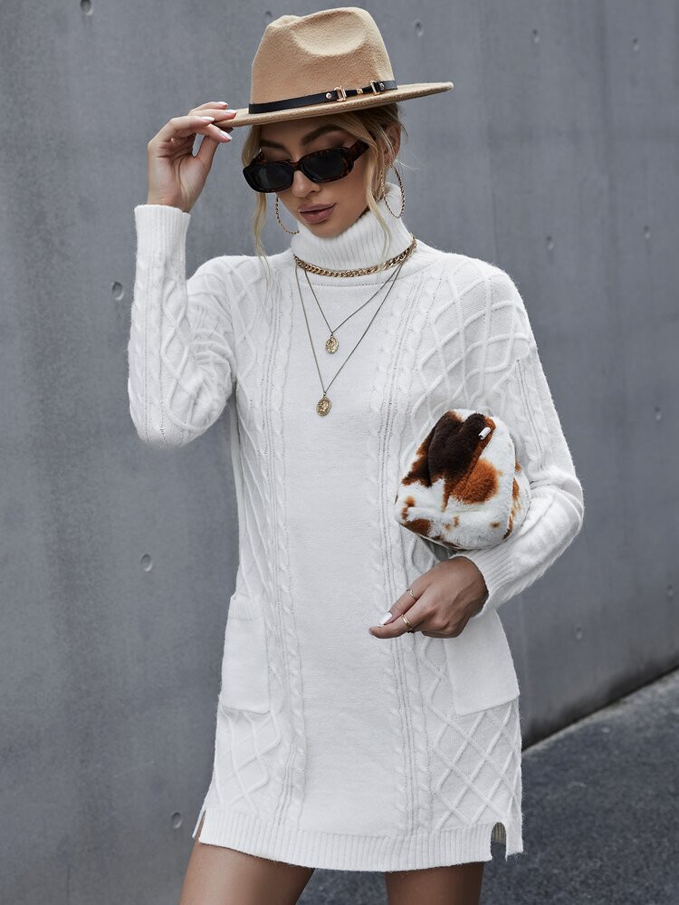 SHEIN Cable Knit Solid Turtle Neck Sweater Dress | SHEIN