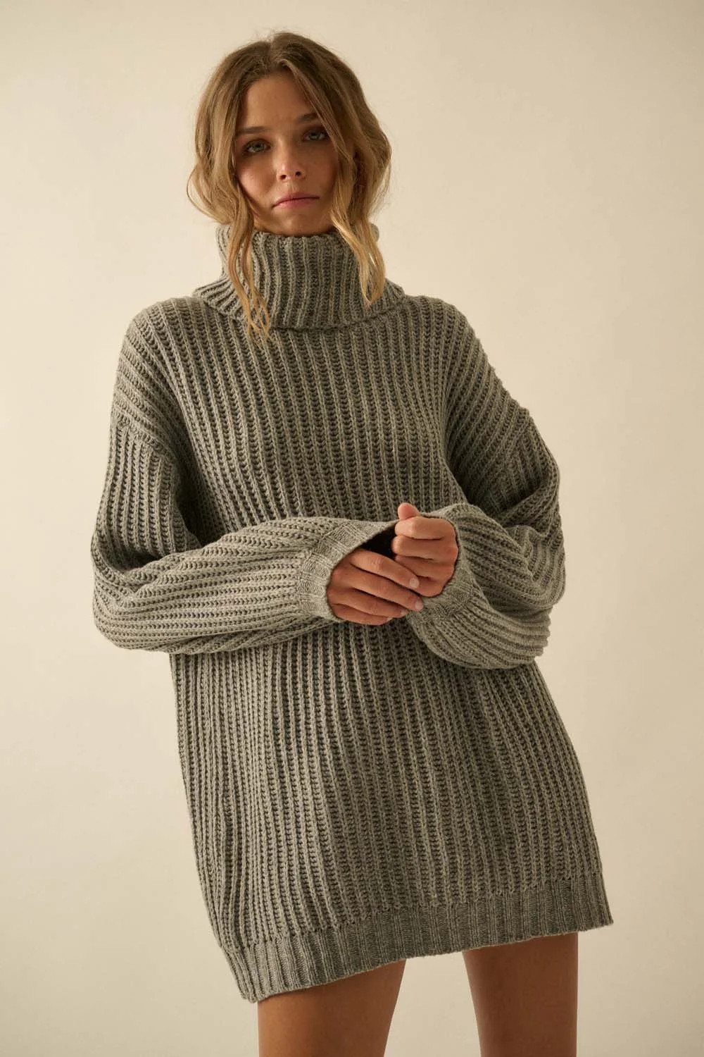 Grey Turtleneck Puff Sleeve Sweater Dress | PinkBlush Maternity