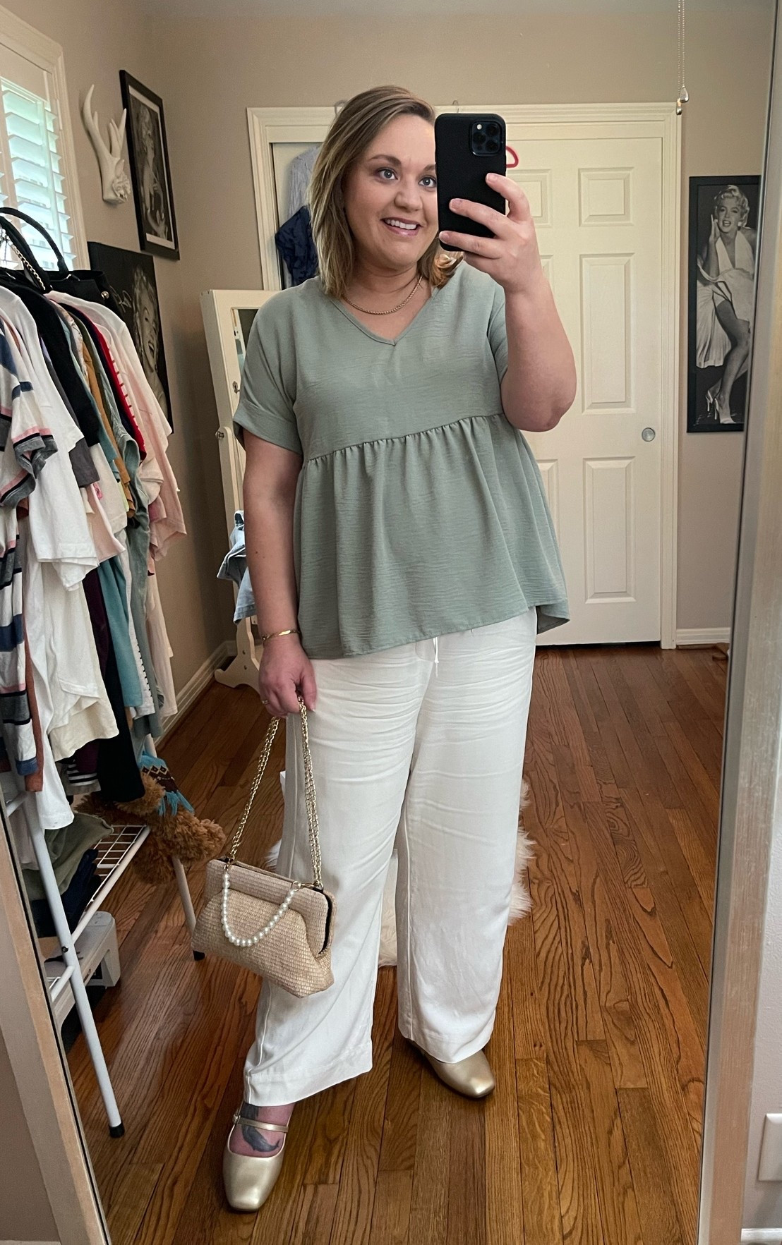 Gold flats, workwear, drawstring pants, pull on pants, spring outfit, spring style, Mary Janes, Mary Jane flats, rope necklace, gold necklace, gold bracelets, straw handbag, babydoll top

#LTKWorkwear #LTKootd #LTKMidsize