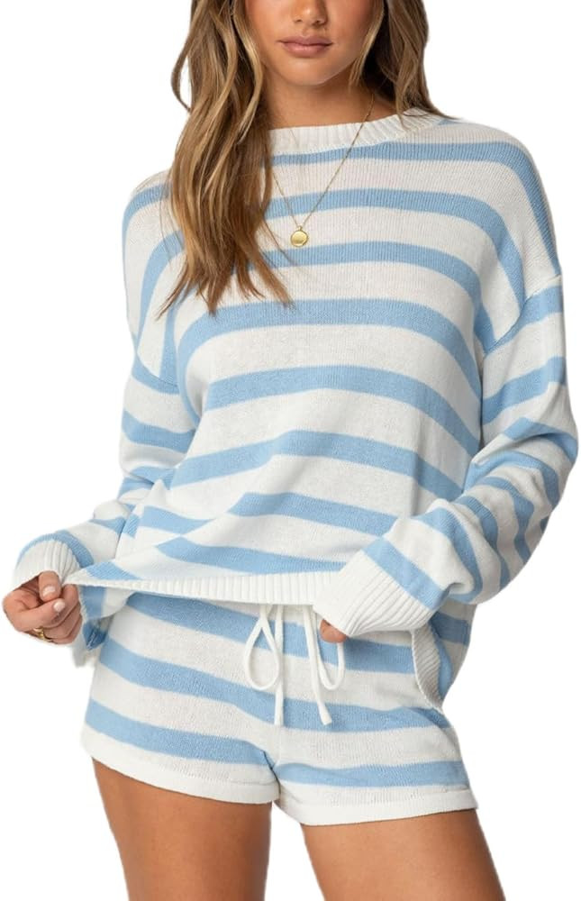 Women Striped Oversized Lounge Sets 2 Piece Long Sleeve Knit Sweater Top Mini Shorts Color Block ... | Amazon (US)