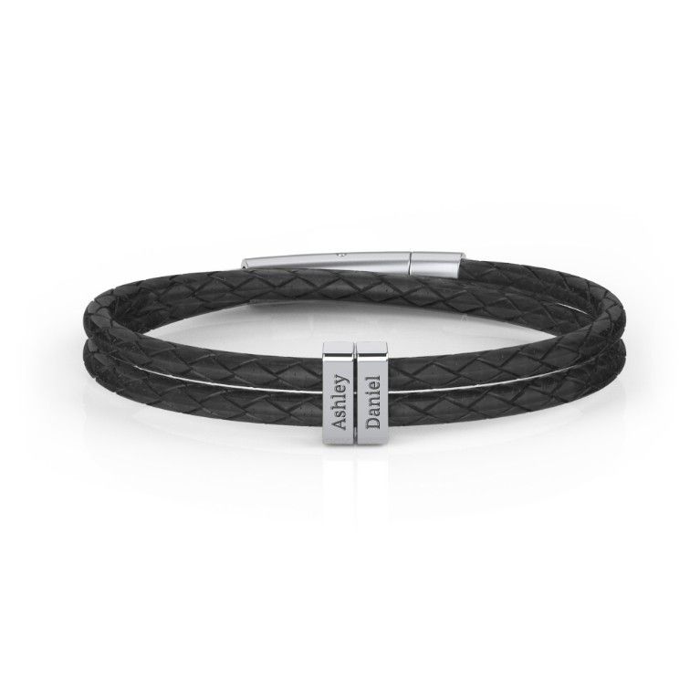 Men’s Engravable Sterling Silver Vertical 2-Bar Leather Bracelet | Jewlr