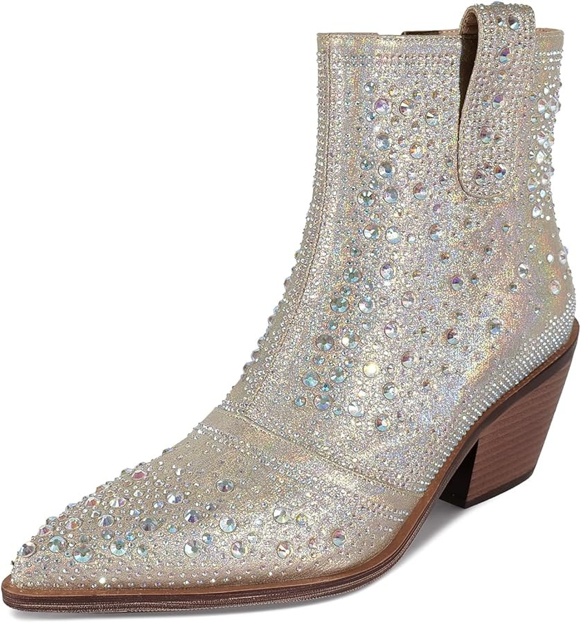 ISNOM Rhinestone Cowboy Boots Sparkly Ankle Boots with Pointed Toe and Chunky Heel Design | Amazon (US)