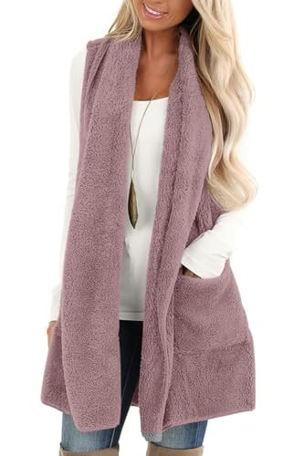 ReachMe Sherpa Vest Womens Sleeveless Faux Fur Vest Fleece Vest with Pockets Open Vest Ladies Long Fuzzy Vest(02A Dusty Mauve,S) | Amazon (US)