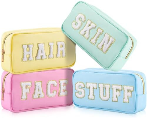 4 Pcs Preppy Makeup Bags Chenille Letter Stuff Bag Nylon Cosmetic Pouch Cases with Zipper for Wom... | Amazon (US)