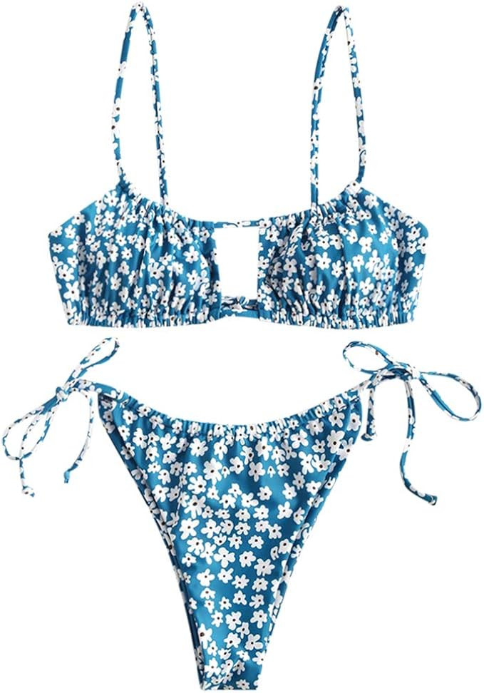 ZAFUL Women's Spaghetti Strap Cutout Keyhole Ruched Tie Cami Bikini Set Swimsuit | Amazon (US)