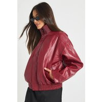 boohoo Women's Funnel Neck Faux Leather Bomber Jacket in Red | Size: 12 | boohoo (US & Canada)