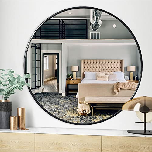 Large Round Mirror 48 Inch Circle Black Mirror, Metal Framed Oversized Round Mirror Modern Style, HD Vanity Mirror Wall-Mounted Mirror for Entryways, Bathroom or Dorm | Amazon (US)