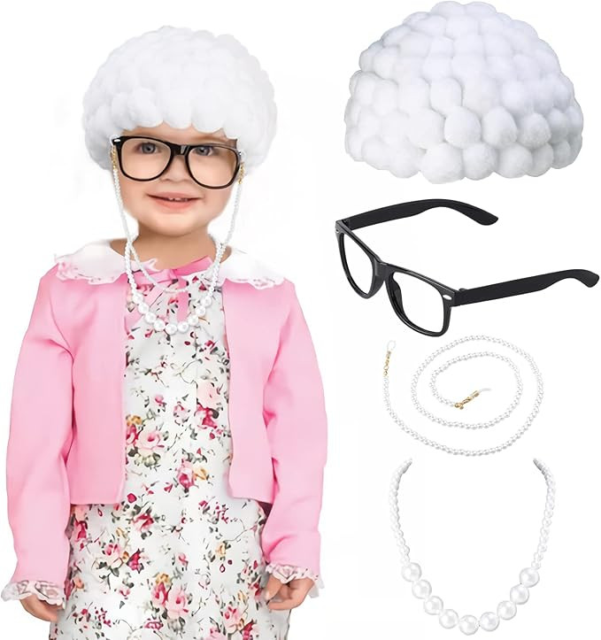 Amazon.com: Keymall Old Lady Costumes Set for Kids,Old Lady Wig Eyeglasses Chain Necklace for Hal... | Amazon (US)