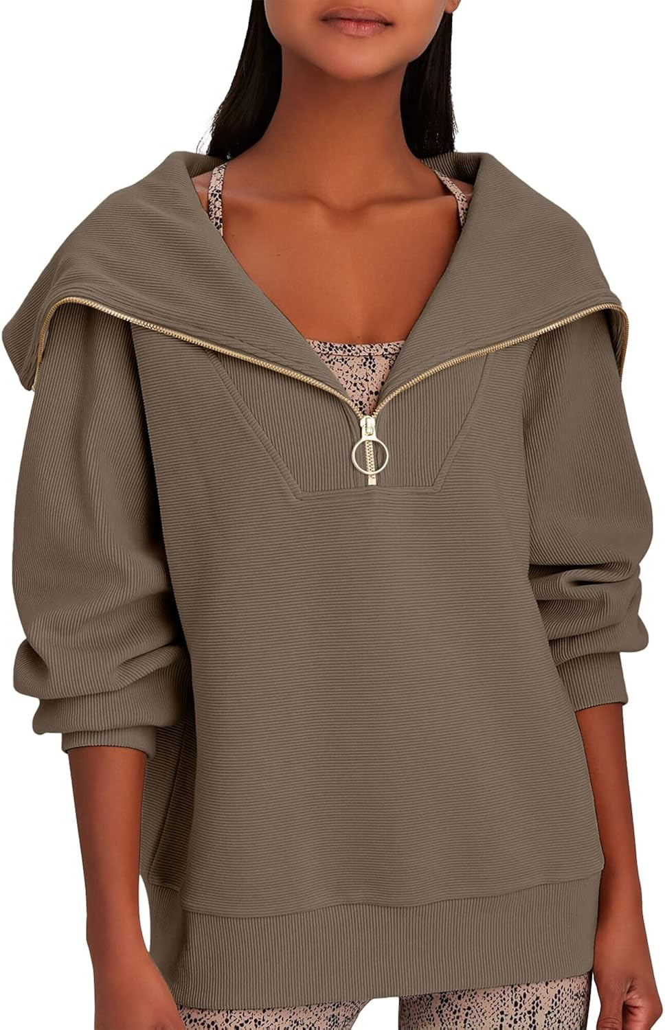 Meyeeka Womens 1/4 Zipper Drop Shoulder Long Sleeve Sweatshirt Rib Knit Slouchy Sweater Pullover | Amazon (US)