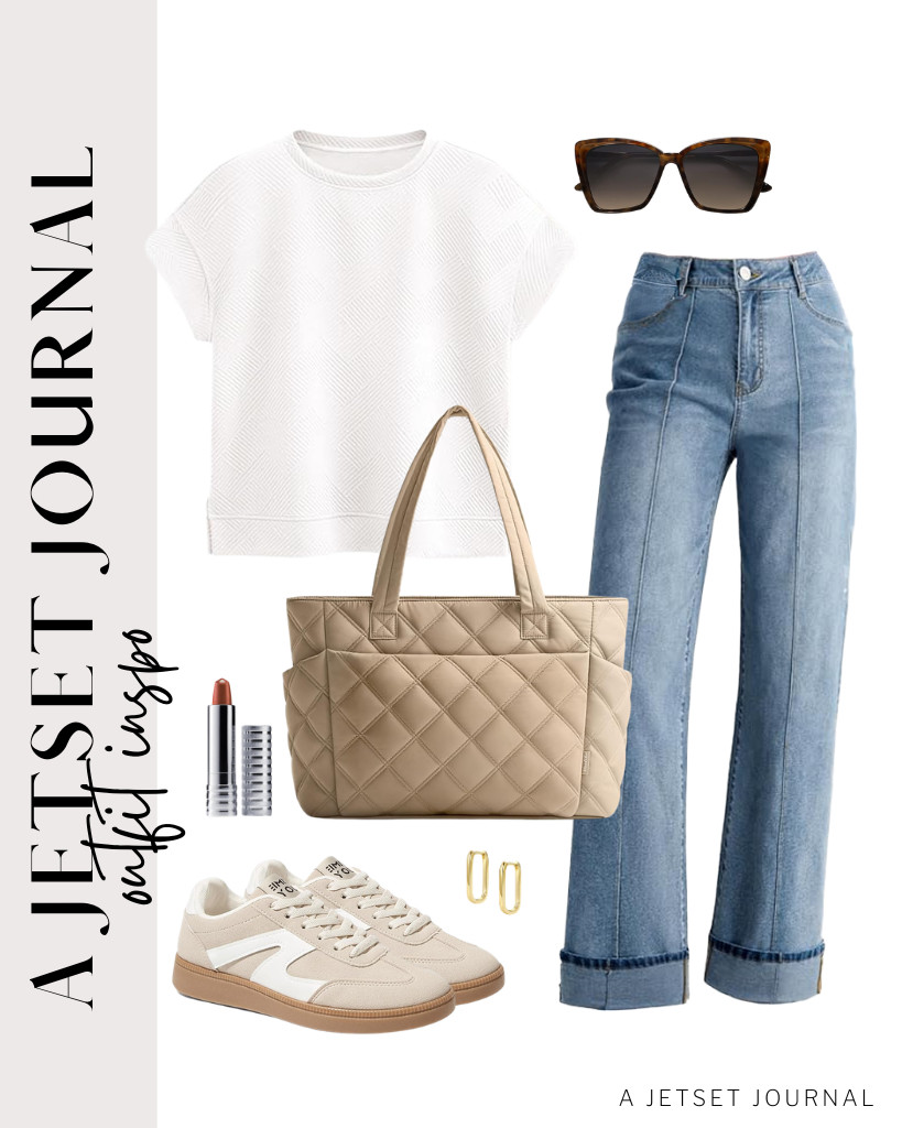 An EVALESS crewneck tee paired with jeans is another simple outfit idea to try. You can style this outfit with TIMEJOY’s retro sneakers and a puffer tote. These cat-eye sunnies from SOJOS match this fit, too!

#LTKSeasonal #LTKSaleAlert #LTKTravel
 

 