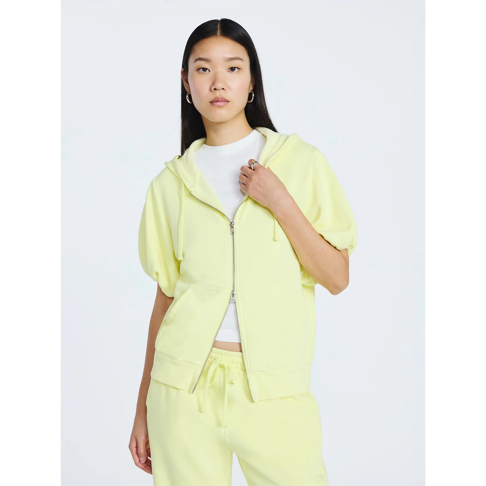 Scoop Women’s Mineral Washed Zip Hoodie with Short Puff Sleeves, Sizes XS-XXL | Walmart (US)