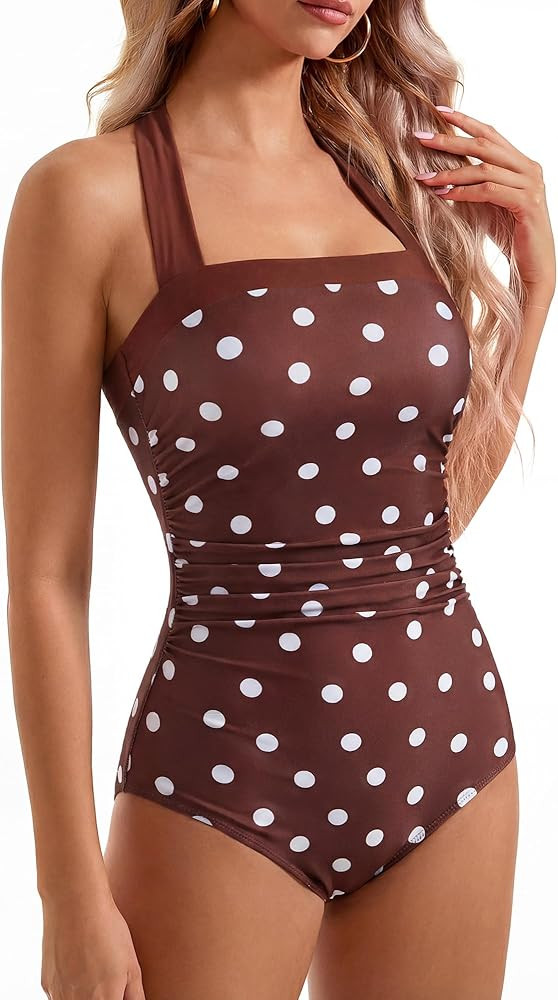 SUUKSESS Women Sexy Tummy Control One Piece Swimsuit Halter Retro Bathing Suit | Amazon (US)