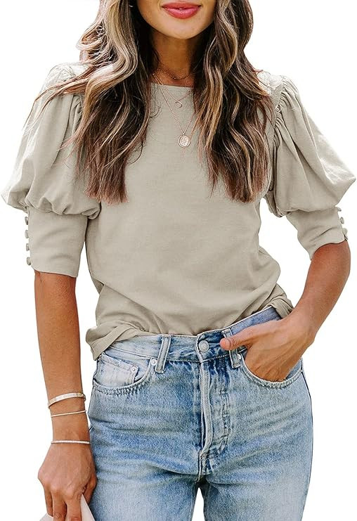 SimpleFun Women's Puff Sleeve Tops Summer Crewneck Loose Casual Blouse Shirts | Amazon (US)
