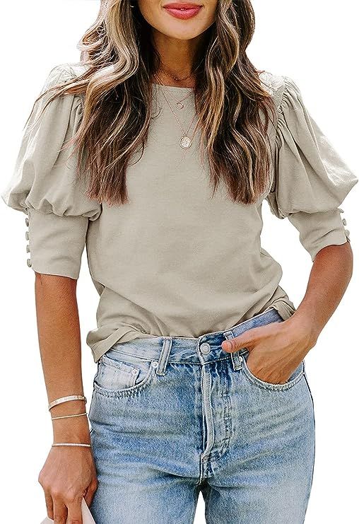 SimpleFun Women's Puff Sleeve Tops Summer Crewneck Loose Casual Blouse Shirts | Amazon (US)