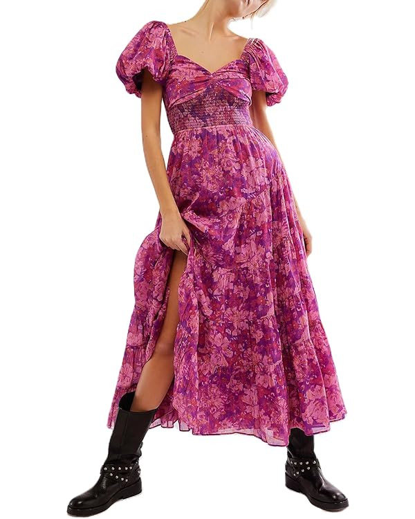 Women Spring Dresses Flowy Smocked Maxi Dress Puff Sleeve Sweetheart Y2K Floral Boho Summer Sundr... | Amazon (US)
