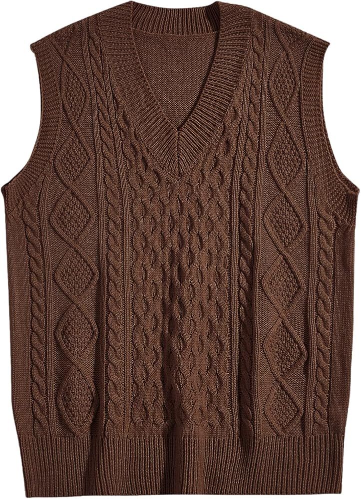 Romwe Men's Cable Knit V Neck Relax Fit Sleeveless Knitwear Pullover Sweater Vest | Amazon (US)