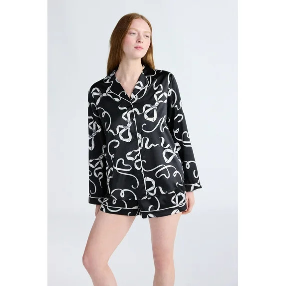 Joyspun Women’s Stretch Satin Notch Long Sleeve Top and Shorts Pajama Set, 2-Piece, Sizes XS-3X | Walmart (US)
