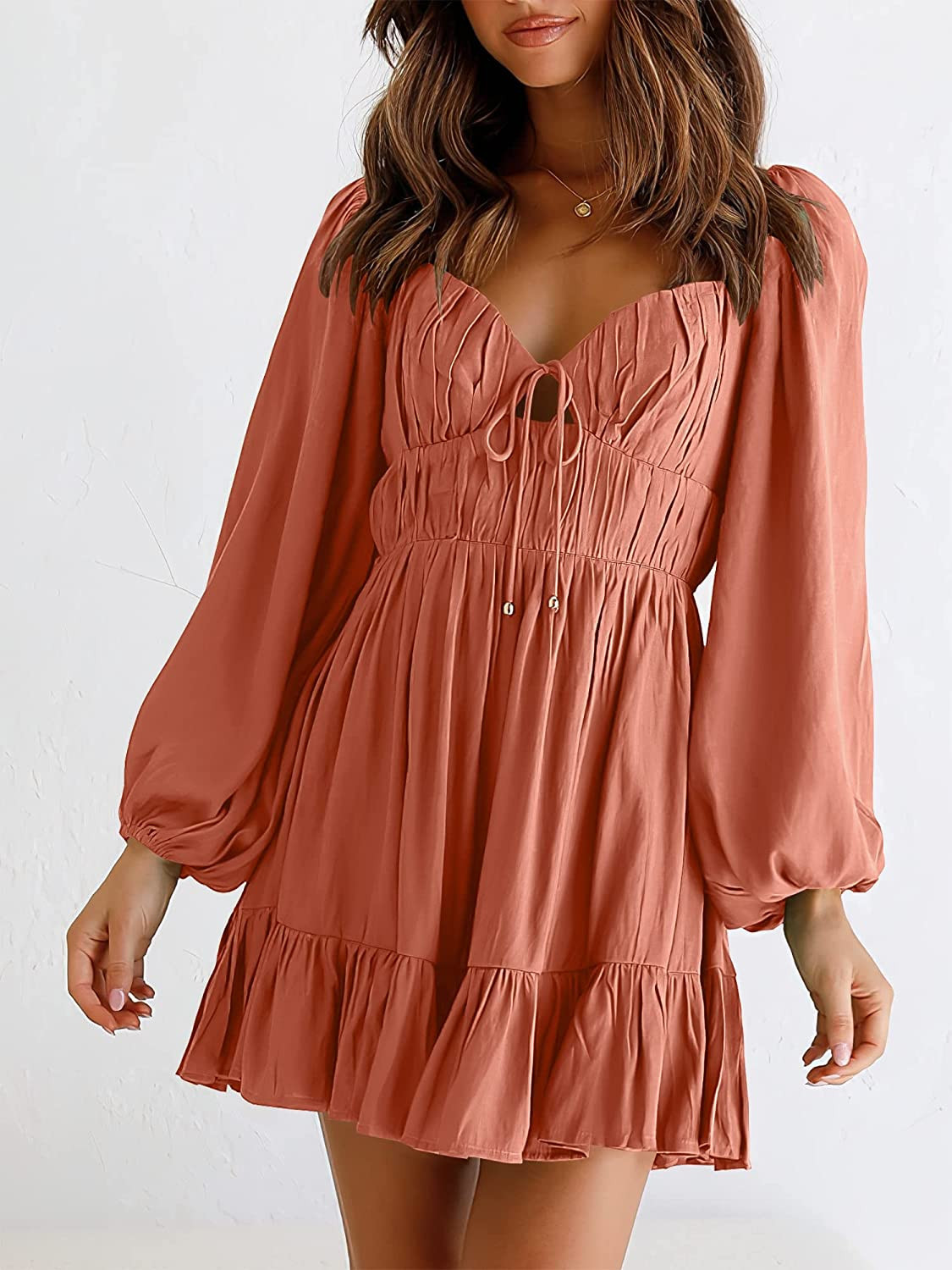 ANRABESS Women's Sweetheart Neck Tie Front Cutout Long Sleeve Smocked Backless Ruffle Hem Pleated... | Amazon (US)