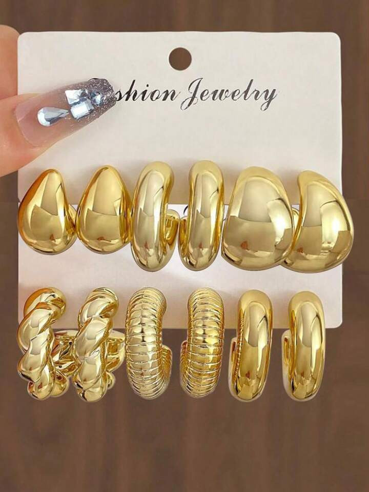 6pcs/12pcs/Set Elegant Metallic Golden Teardrop & Twist C-Shaped Hoop Earrings Set | SHEIN | SHEIN