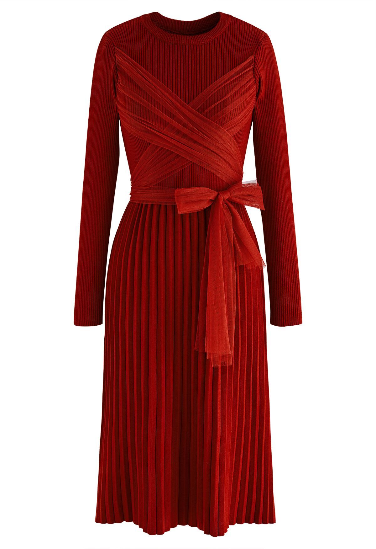 Self-Tie Mesh Bow Ribbed Knit Dress in Red | Chicwish