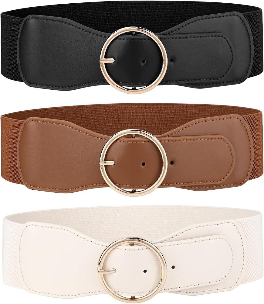 JASGOOD 3 Pack Women Wide Elastic Waist Belt for Dress Ladies Stretch Belt with Gold Round Buckle | Amazon (US)