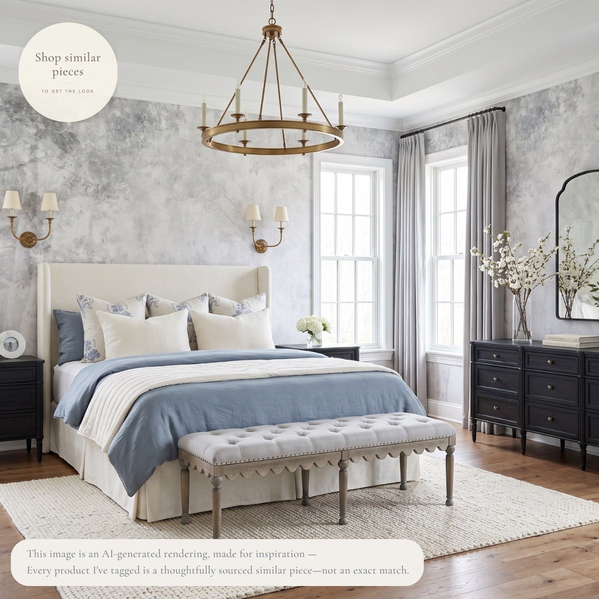 Blue, but soft and a little moody. 🤍

I love the mix of the cloudy mural walls with dusty blue bedding, creamy upholstery, dark wood, and warm brass. The scalloped bench adds just enough detail at the foot of the bed, while the darker furniture keeps all of those softer colors grounded.

It feels layered and interesting without needing a lot of pattern—which is exactly my kind of bedroom.

Shop thoughtfully sourced similar pieces to get the look at home.

AI-generated design concept for inspiration • Tagged products are thoughtfully sourced similar pieces, not exact matches • Affiliate links may be used. As an Amazon Associate, I earn from qualifying purchases.

#LTKHome