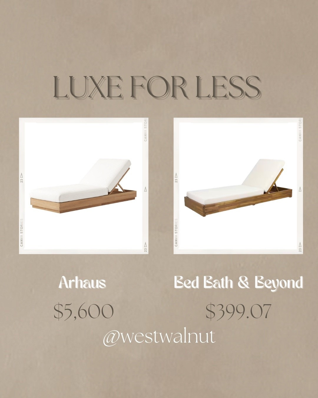 Outdoor Chaise Lounge Luxe For Less

The chaise on the left is constructed with Grade-A teak wood and “InsideOut Performance Fabrics” with is which is made from “durable polyester and polypropylene fibers, which are bleach-cleanable, fade-resistant, anti-mildew, and eco-friendly.” This chaise boasts a lot of quality in its materials, but it has a hefty price tag. 

The budget friendly option on the right from Bed Bath & Beyond is made with Acacia Wood and Water-Resistant Fabric cushions. 

#outdoorchaise #patiofurniture 

#LTKHome