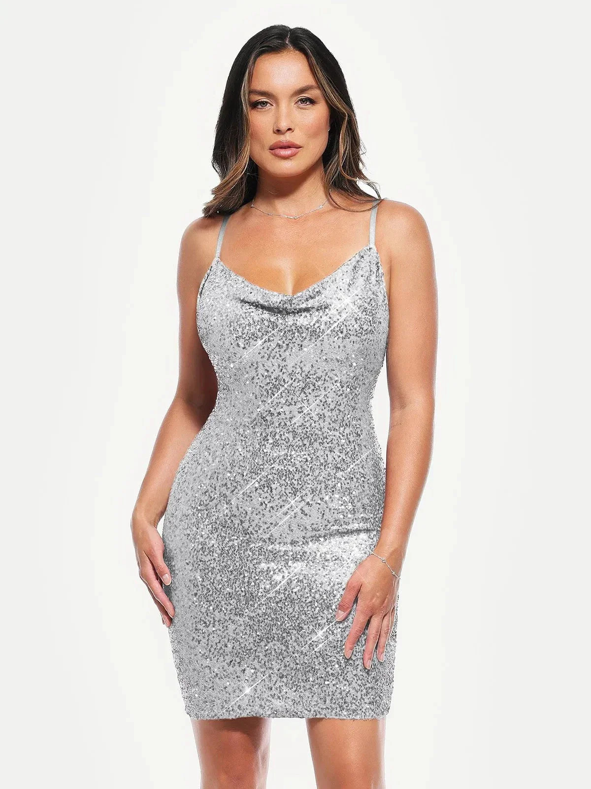 Sequin Cowl Neck Sculpting Mini Dress - Silver / 3XL | Popilush