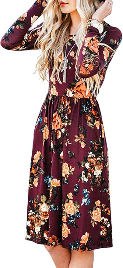 ZESICA Women's Long Sleeve Floral Pockets Casual Swing Pleated T-Shirt Dress | Amazon (US)