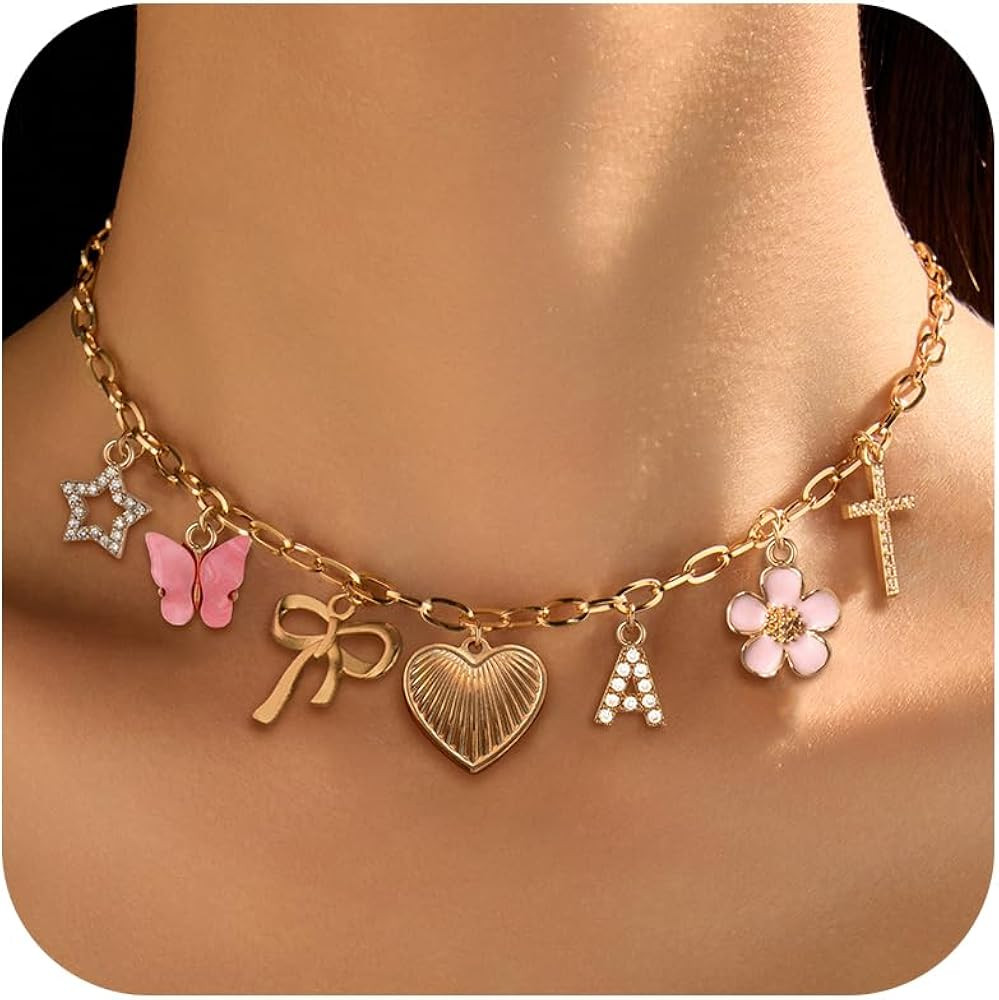 Gold Charm Necklace Initial Necklaces for Women Trendy Stuff Puffy Heart Bow Cross Butterfly Star... | Amazon (US)