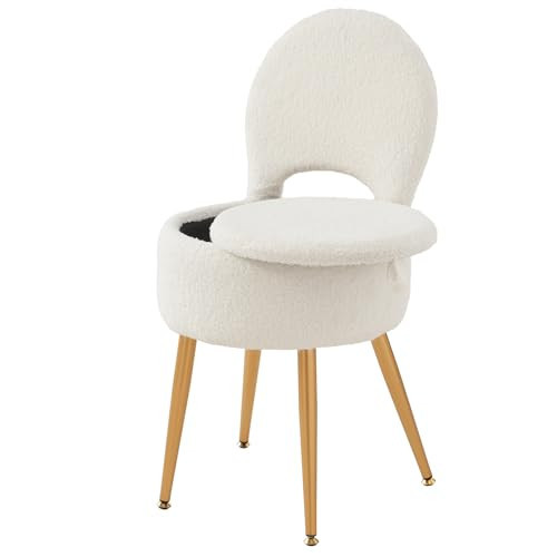 ZYKZYK Small Vanity Stool Chair with Storage and Folding Back,4 Metal Legs with Anti-Slip Feet,Round Ottoman with Velvet Seat, Furry Padded Seat for Makeup, Bedroom (White, Standard) | Amazon (US)