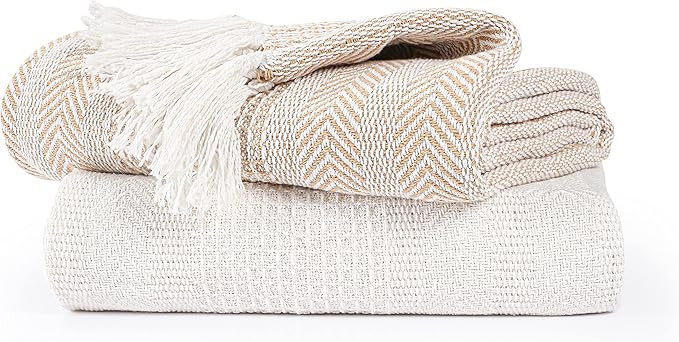 EHC Premium Pack of 2 Cross-Stitch Throws for Sofa/Chair Blanket, 125 x 150cm - Beige/Ivory | Amazon (UK)