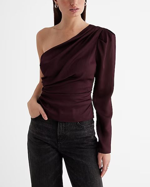 Textured Satin Draped One Shoulder Puff Sleeve Top | Express