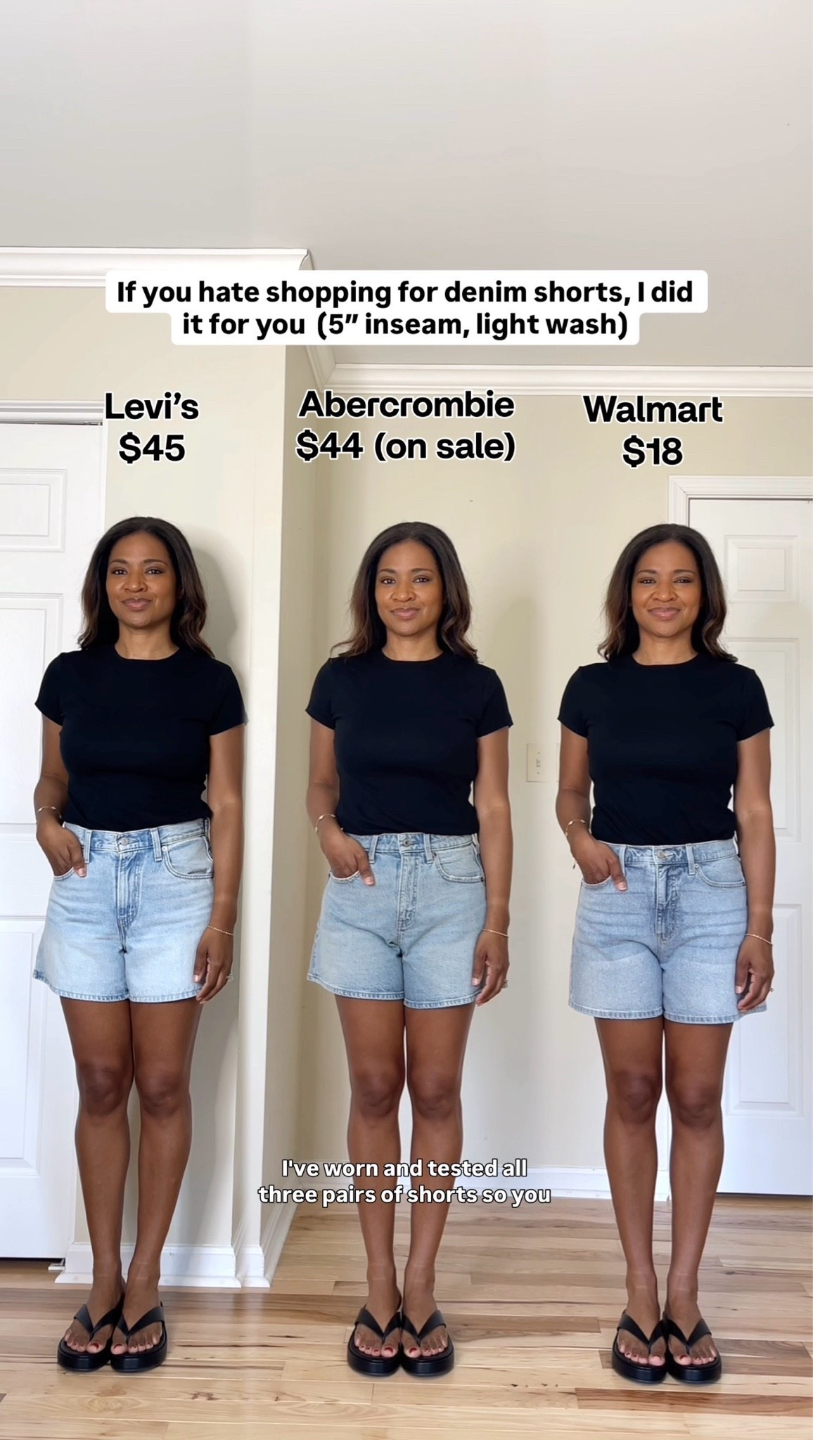 I am 5.5 and I wear a size 4 in the Walmart shorts and 27 in both Levi’s and Abercrombie in the “Curve Love” fit 
The exact Levi’s color of denim is called “Abraided art” and they have an adjustable waist! Abercrombie sale: Use code “SHORTSAF” at checkout for the discount!

#LTKOver40 #LTKgrwm #LTKootd
