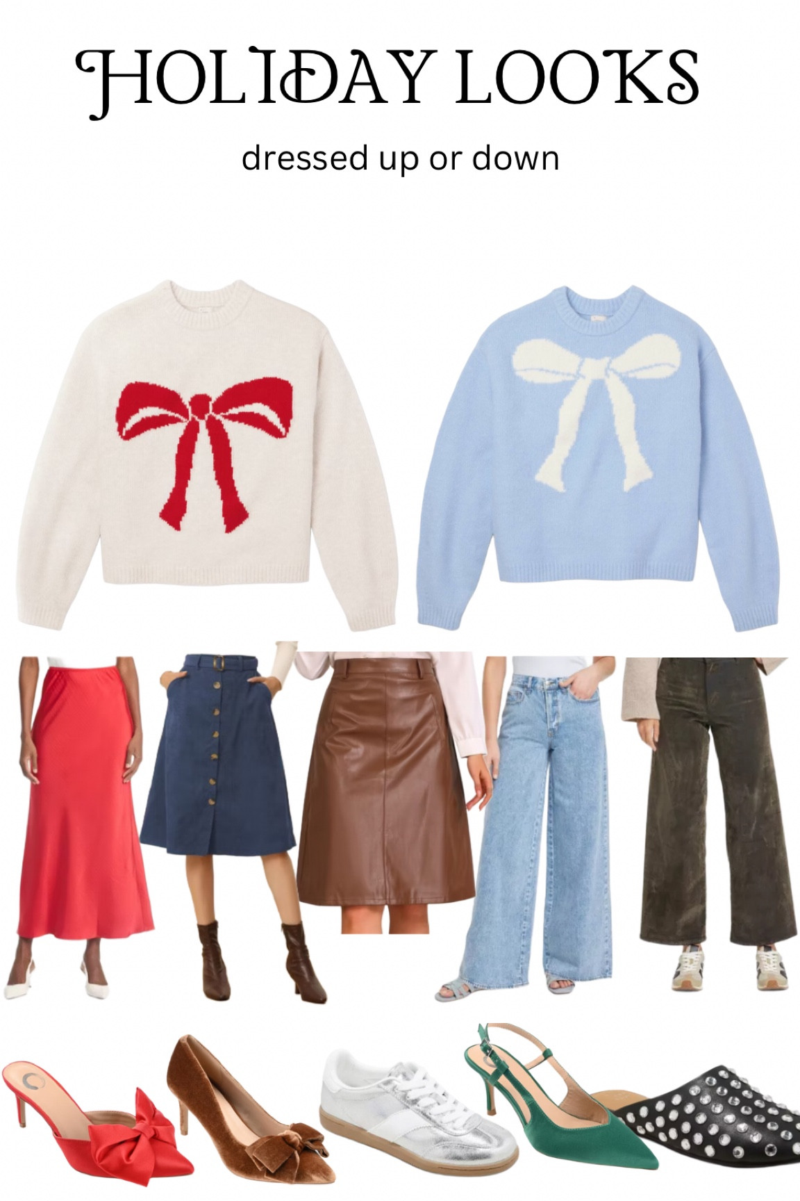 Holiday looks- bow trend.  High waisted skirts, wide leg pants, bow sweaters and shoes.

#LTKShoeCrush #LTKSeasonal #LTKHoliday