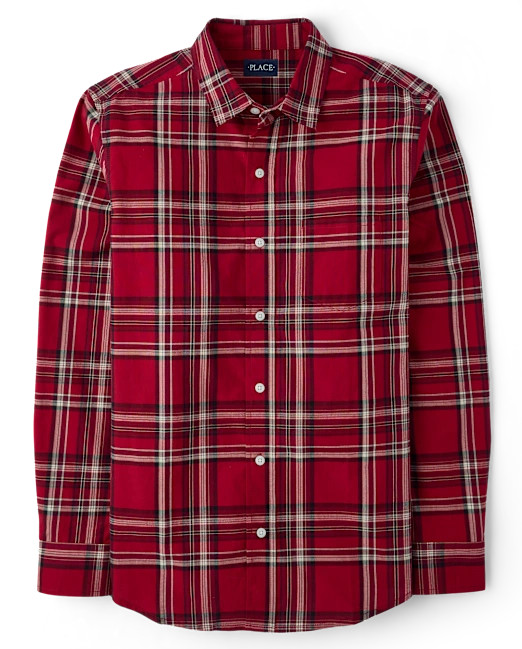 Mens Matching Family Plaid Poplin Button Up Shirt - red | The Children's Place