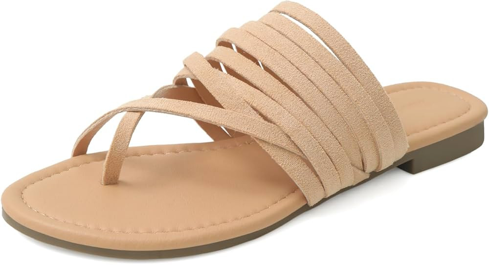 Shoe'N Tale Women's Flat Sandals Fashion Slides Flip Flops Strappy Open Toe Slip On Dressy Shoes | Amazon (US)
