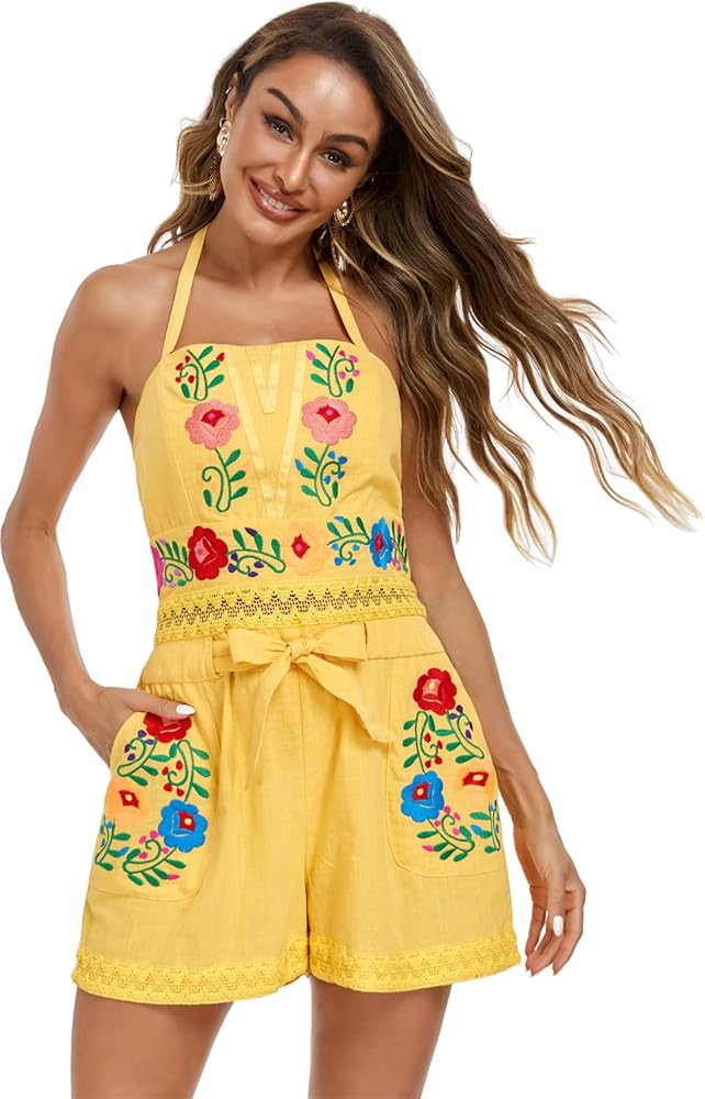 Rompers for Women Summer Boho Embroidered Floral Sleeveless Halter Flowy Casual Tank Top Short Ju... | Amazon (US)