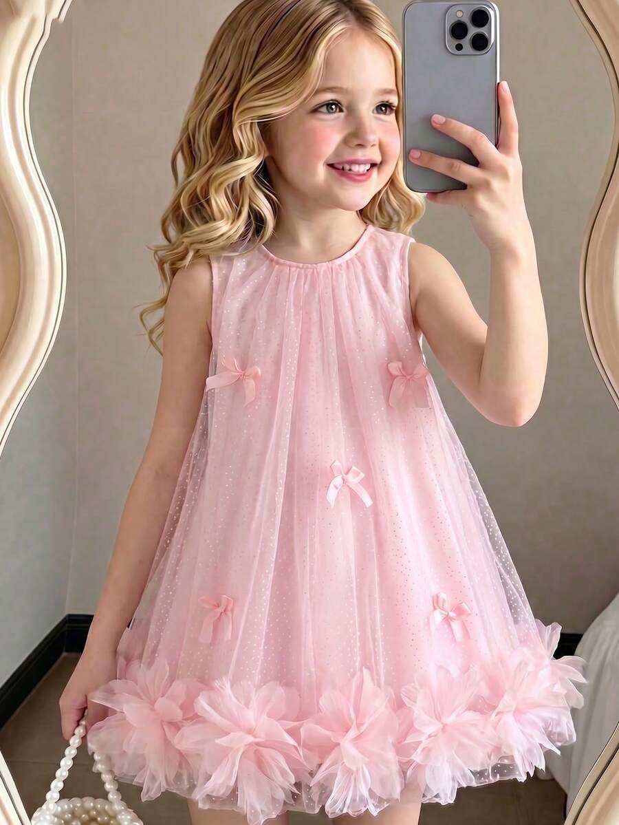 SHEIN Elladie kids 1pc Young Girls' Summer Sleeveless Silver Foil Decor Dress, Sweet & Cute Style... | SHEIN