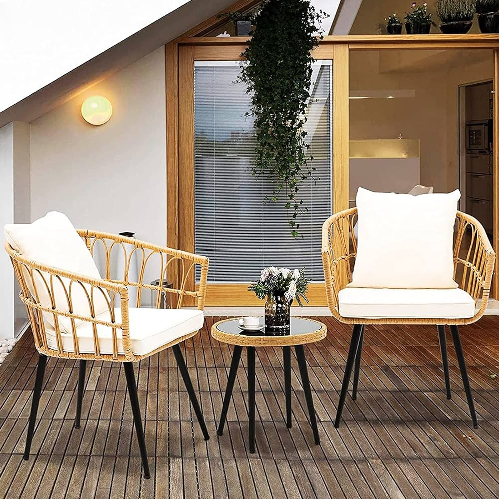 Koruiten 3-Piece Patio Bistro Sets, Outdoor Wicker Table and Chairs Set of 2 with Tempered Glass ... | Amazon (US)
